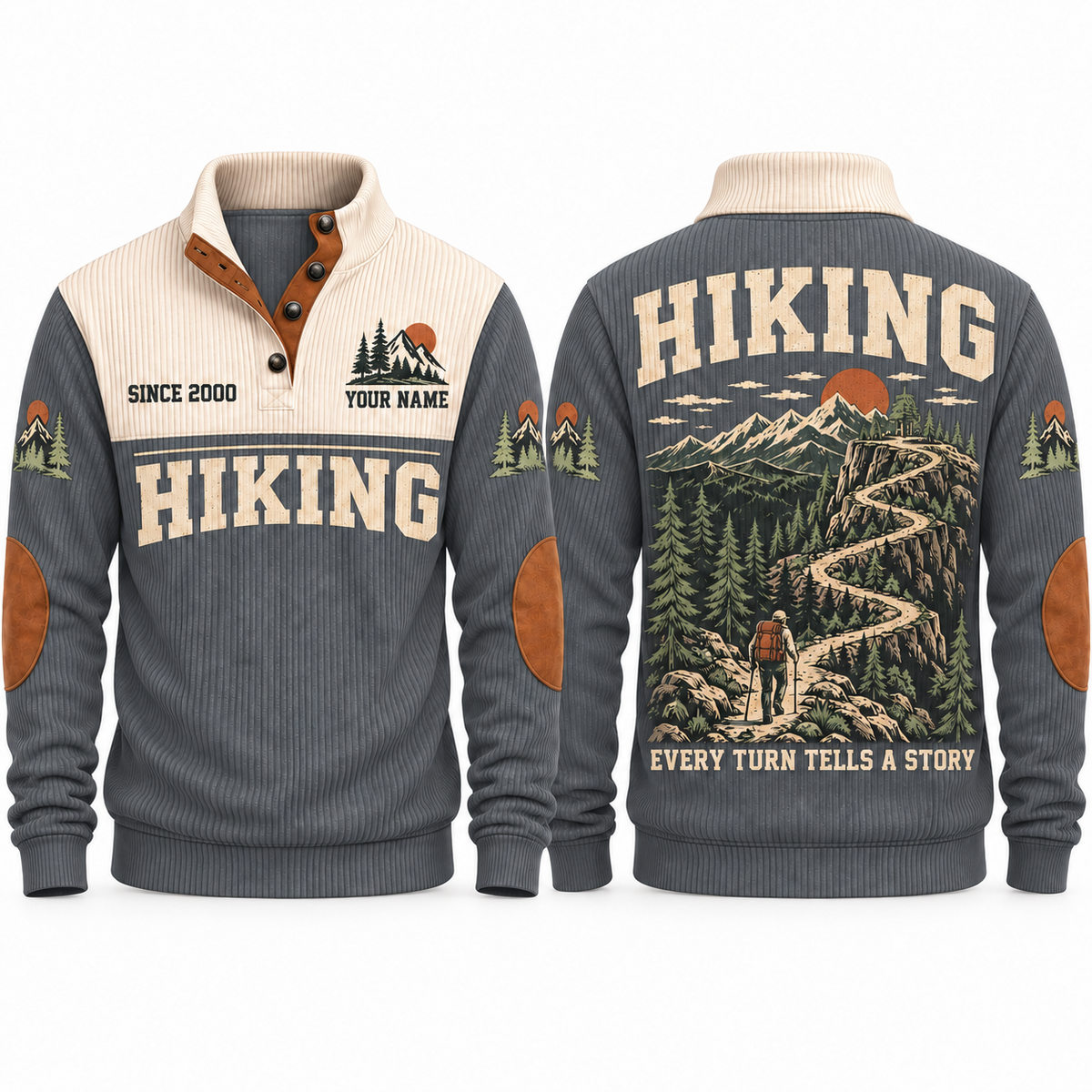 Every Turn Tells a Story – Grey hiking sports sweatshirt with flat printed artwork