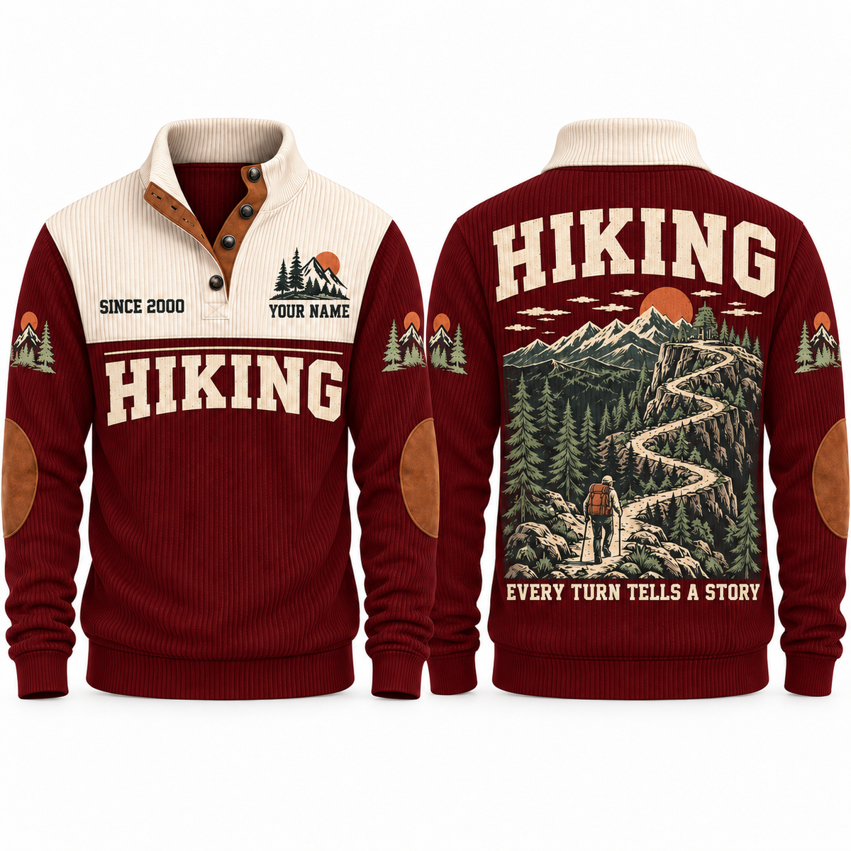Every Turn Tells a Story – Jujube Red hiking sports sweatshirt with flat printed artwork