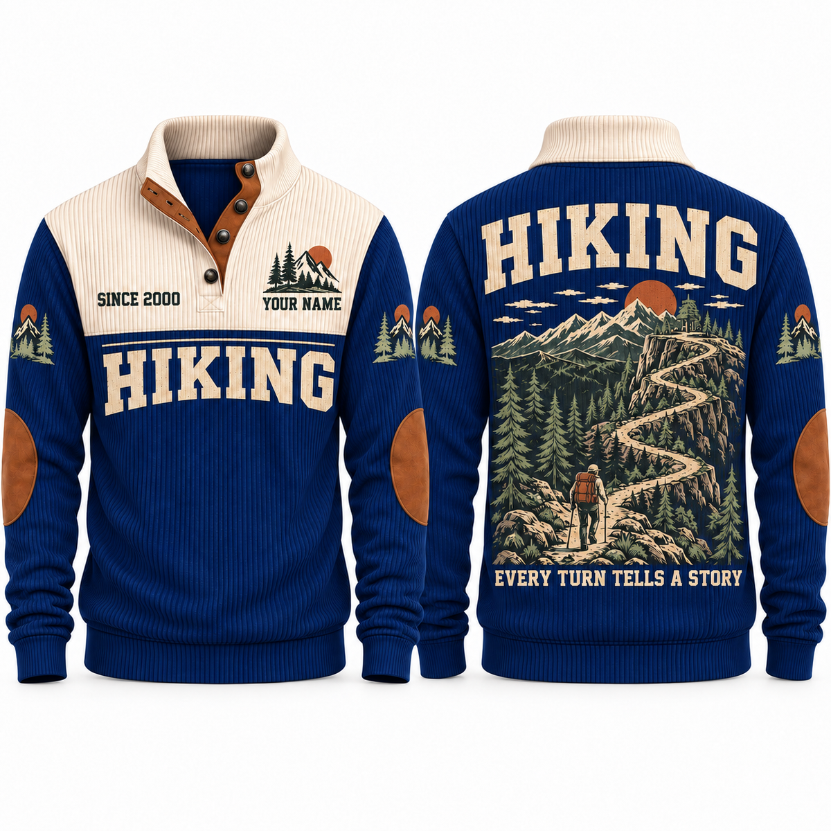 Every Turn Tells a Story – Navy hiking sports sweatshirt with flat printed artwork