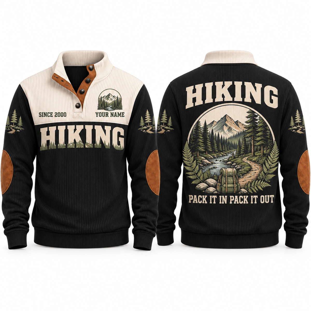 Pack It In Pack It Out – Black hiking sports sweatshirt with flat printed artwork
