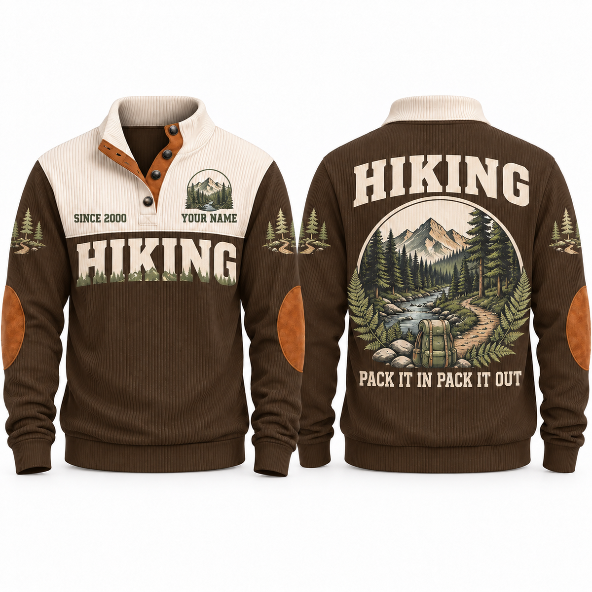 Pack It In Pack It Out – Brown hiking sports sweatshirt with flat printed artwork