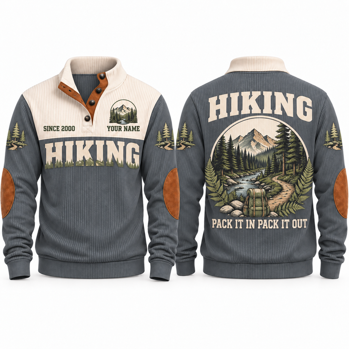 Pack It In Pack It Out – Grey hiking sports sweatshirt with flat printed artwork