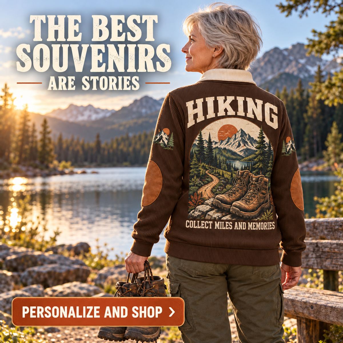 Collect Miles and Memories | Hiking Personalized Sports Sweatshirt lifestyle mockup in Brown