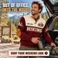 The Weekend Starts Here | Hiking Personalized Sports Sweatshirt lifestyle mockup in Jujube Red