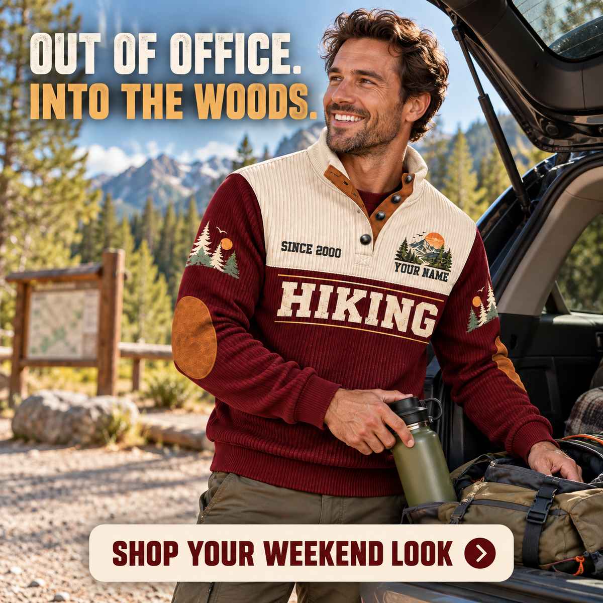 The Weekend Starts Here | Hiking Personalized Sports Sweatshirt lifestyle mockup in Jujube Red