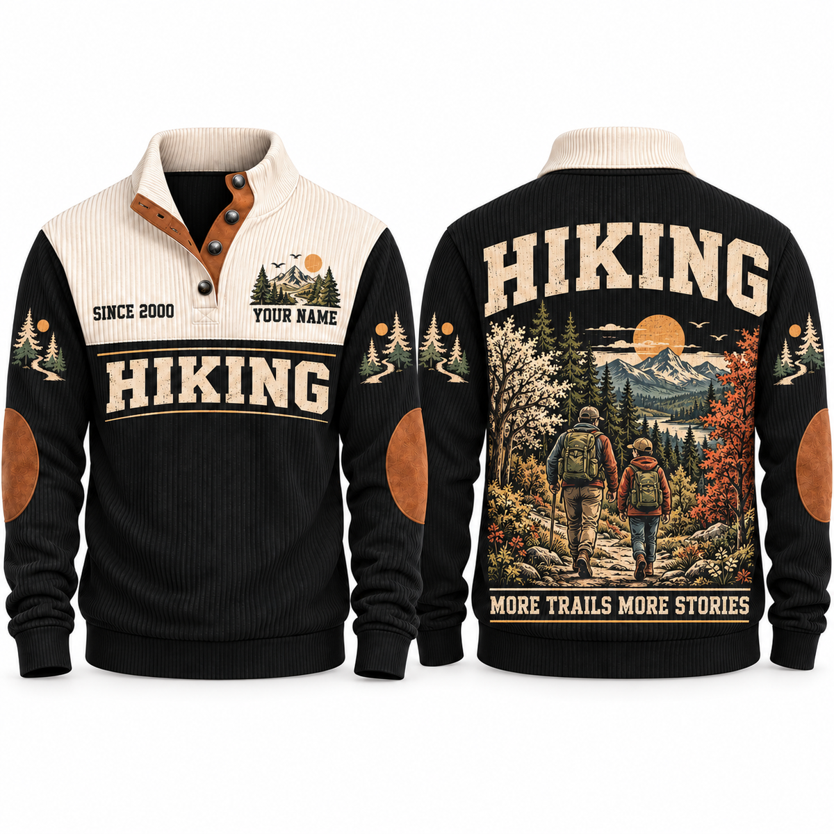 More Trails More Stories personalized hiking Sports Sweatshirt in Black