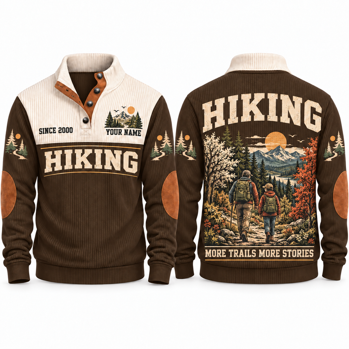 More Trails More Stories personalized hiking Sports Sweatshirt in Brown