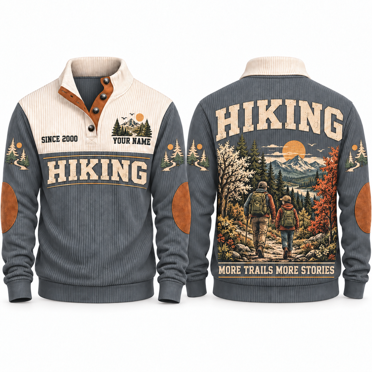 More Trails More Stories personalized hiking Sports Sweatshirt in Grey
