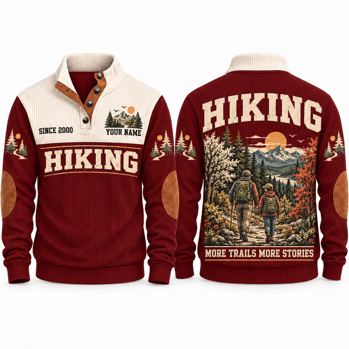 More Trails More Stories personalized hiking Sports Sweatshirt in Jujube Red