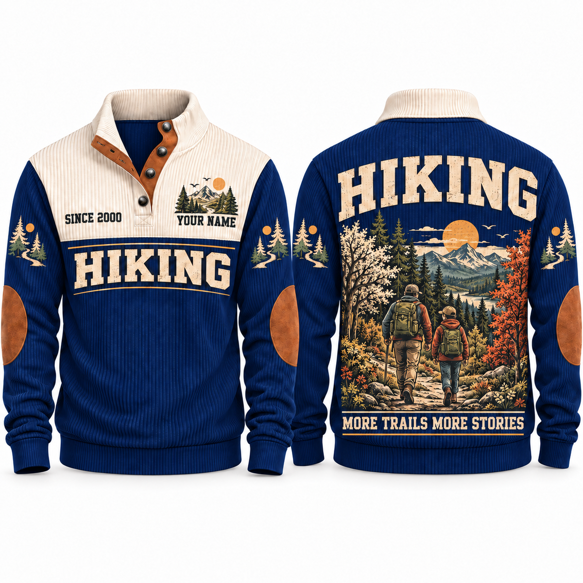 More Trails More Stories personalized hiking Sports Sweatshirt in Navy