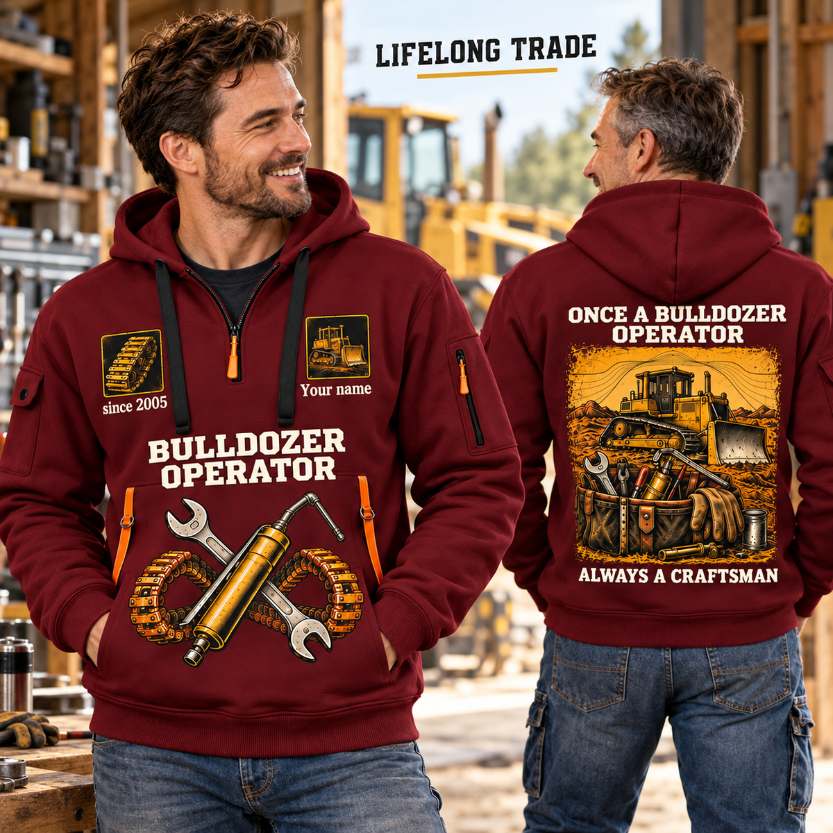 Bulldozer Operator Lifelong Trade Quarter-Zip Hoodie in Wine Red, worn by an adult male model, preserving the current niche artwork, sample name and year, and hooded quarter-zip garment details.