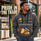 Wallpaper Hanger Pride in the Trade Quarter-Zip Hoodie in Gray, worn by an adult male model, preserving the current niche artwork, sample name and year, and hooded quarter-zip garment details.