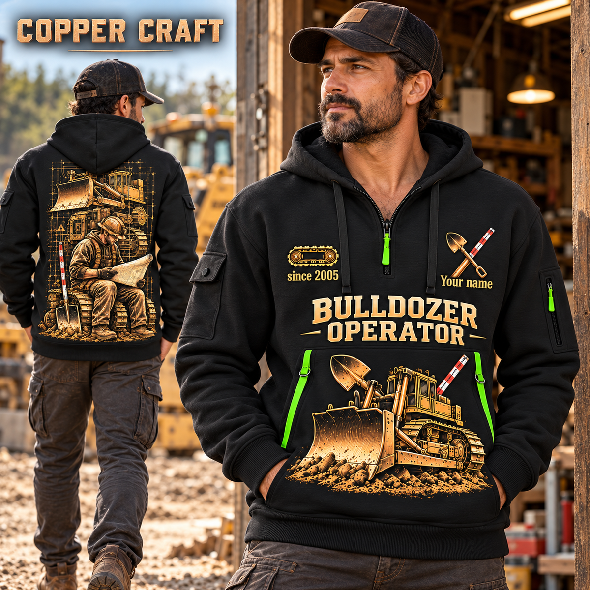 Bulldozer Operator Copper Craft Quarter-Zip Hoodie in Black, worn by an adult male model, preserving the current niche artwork, sample name and year, and hooded quarter-zip garment details.