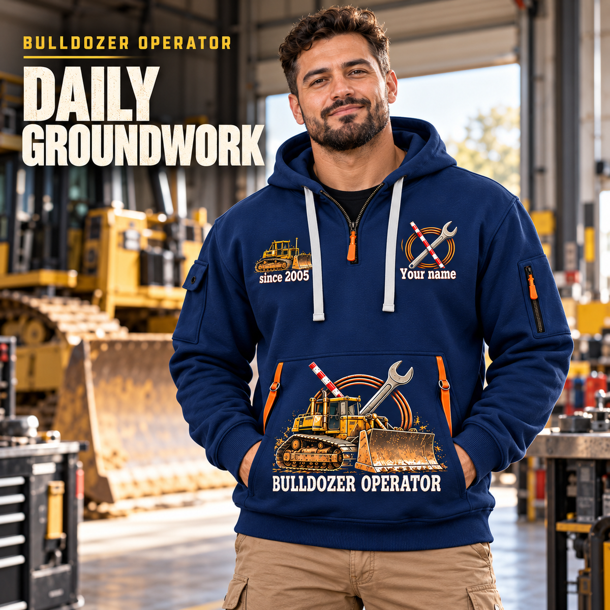 Bulldozer Operator Daily Groundwork Quarter-Zip Hoodie in Navy, worn by an adult male model, preserving the current niche artwork, sample name and year, and hooded quarter-zip garment details.