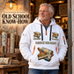 Wallpaper Hanger Old School Know-How Quarter-Zip Hoodie in White, worn by an adult male model, preserving the current niche artwork, sample name and year, and hooded quarter-zip garment details.