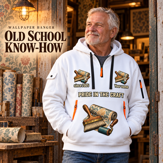 Wallpaper Hanger Old School Know-How Quarter-Zip Hoodie in White, worn by an adult male model, preserving the current niche artwork, sample name and year, and hooded quarter-zip garment details.
