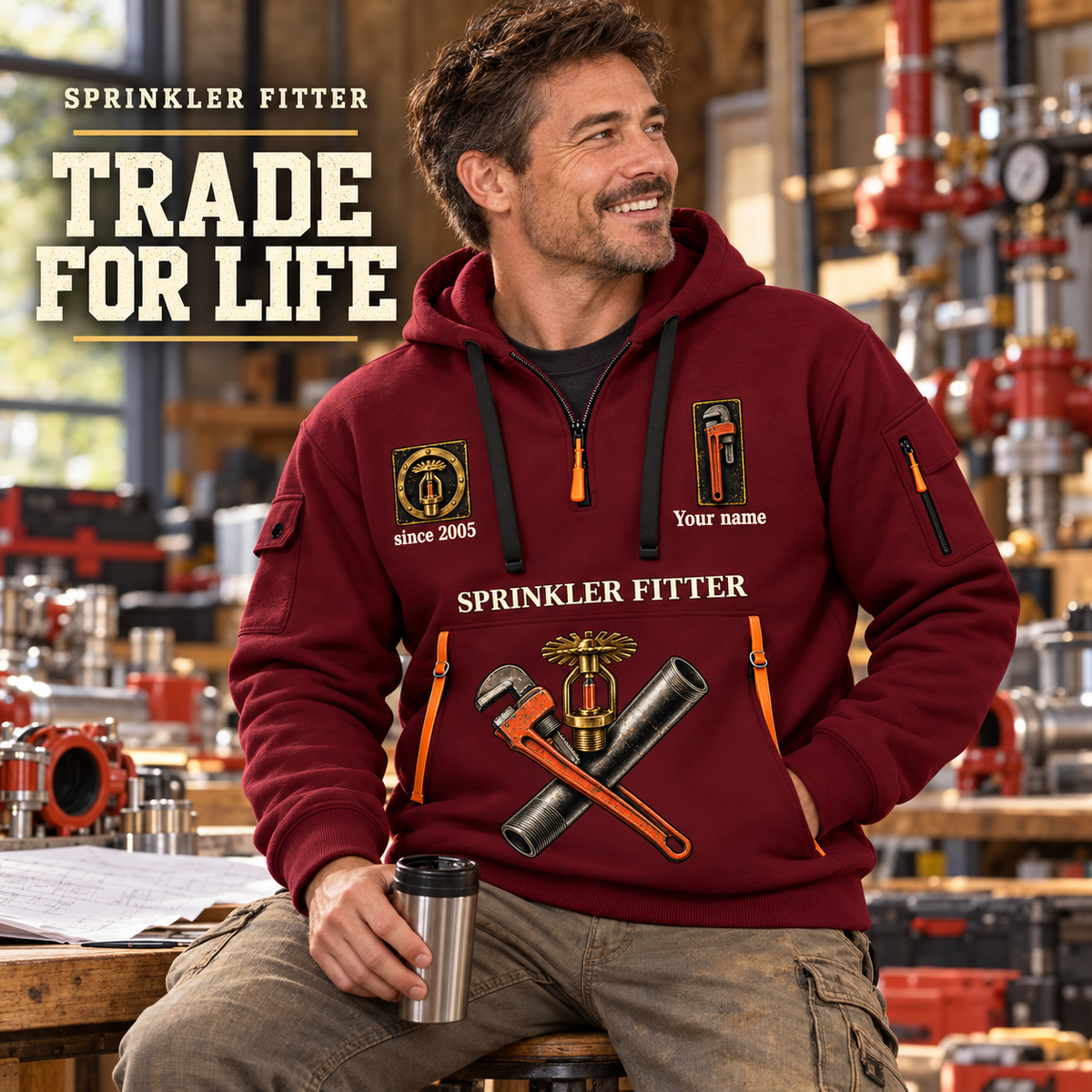 Sprinkler Fitter Trade For Life Quarter-Zip Hoodie in Wine Red, worn by an adult male model, preserving the current niche artwork, sample name and year, and hooded quarter-zip garment details.