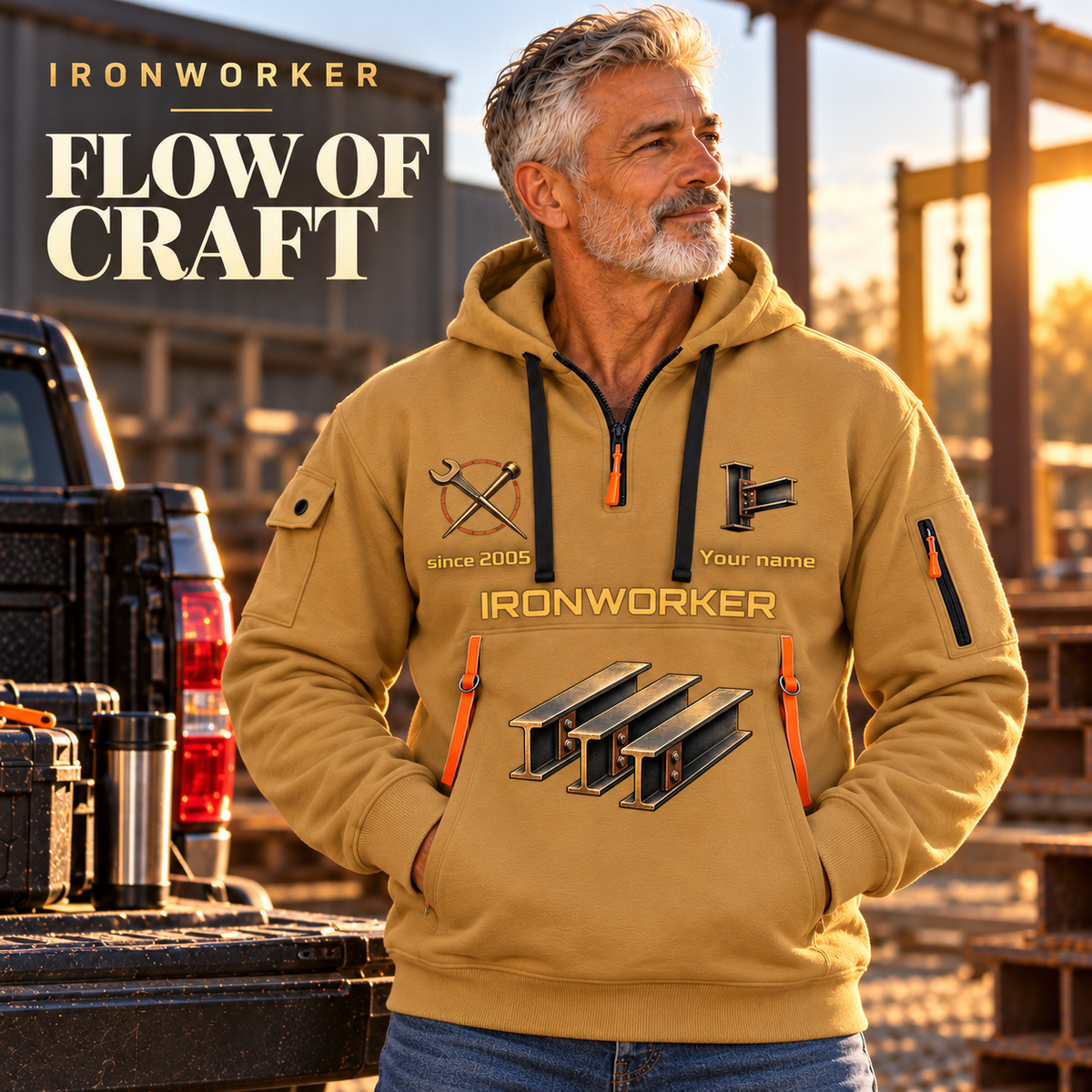 Ironworker Flow of Craft Quarter-Zip Hoodie in Khaki, worn by an adult male model, preserving the current niche artwork, sample name and year, and hooded quarter-zip garment details.