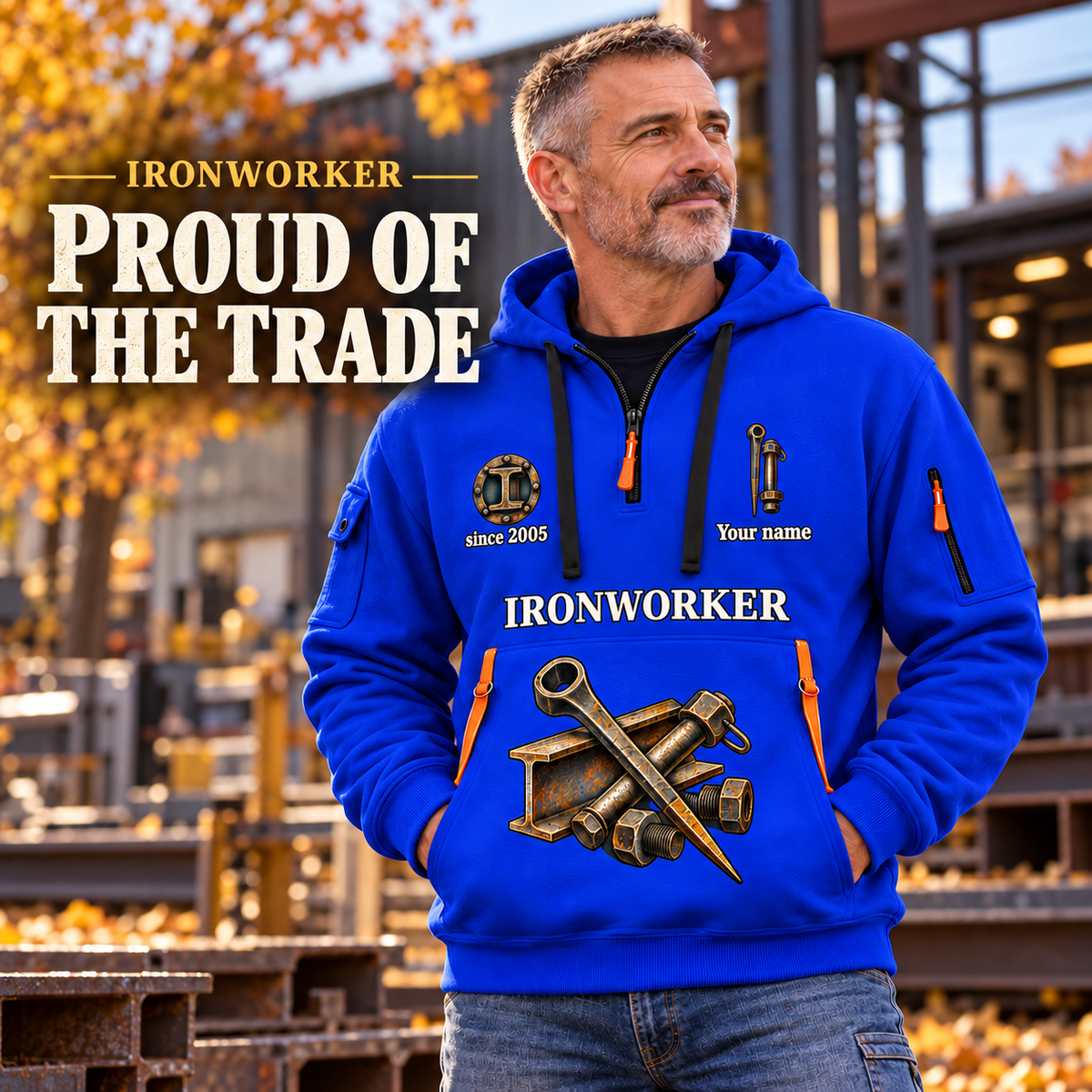 Ironworker Proud of the Trade Quarter-Zip Hoodie in Blue, worn by an adult male model, preserving the current niche artwork, sample name and year, and hooded quarter-zip garment details.