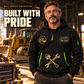 Bulldozer Operator Built with Pride Quarter Zip Hoodie in Black, worn by an adult male model, showing the current dozer badge, since 2005 and Your name samples, and crossed shovel and wrench pocket artwork.
