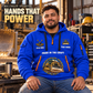 Bulldozer Operator Hands That Power Quarter-Zip Hoodie in Blue, worn by an adult male model, preserving the current niche artwork, sample name and year, and hooded quarter-zip garment details.
