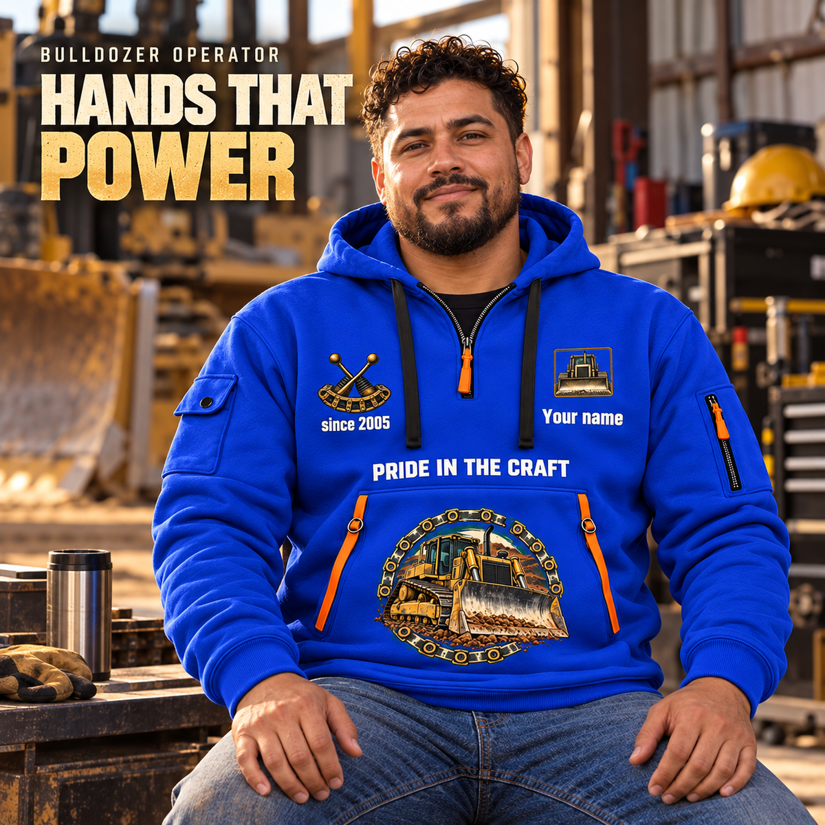 Bulldozer Operator Hands That Power Quarter-Zip Hoodie in Blue, worn by an adult male model, preserving the current niche artwork, sample name and year, and hooded quarter-zip garment details.