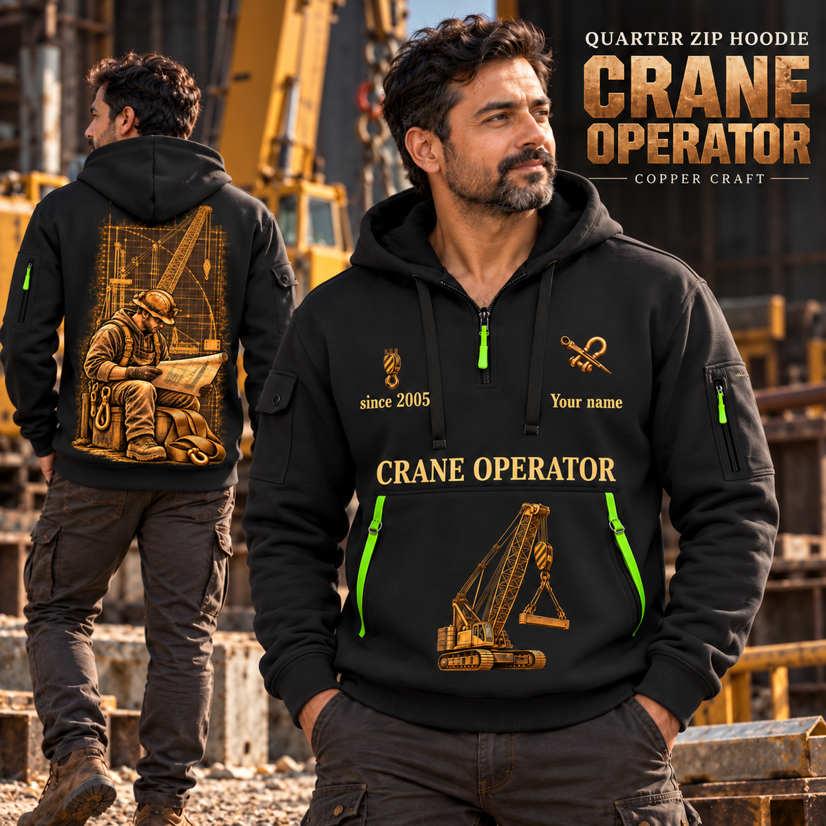 Crane Operator Copper Craft Quarter-Zip Hoodie in Black, worn by an adult male model, preserving the current niche artwork, sample name and year, and hooded quarter-zip garment details.
