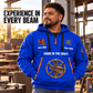 Ironworker Hands That Power Quarter-Zip Hoodie in Blue, worn by an adult male model, preserving the current niche artwork, sample name and year, and hooded quarter-zip garment details.
