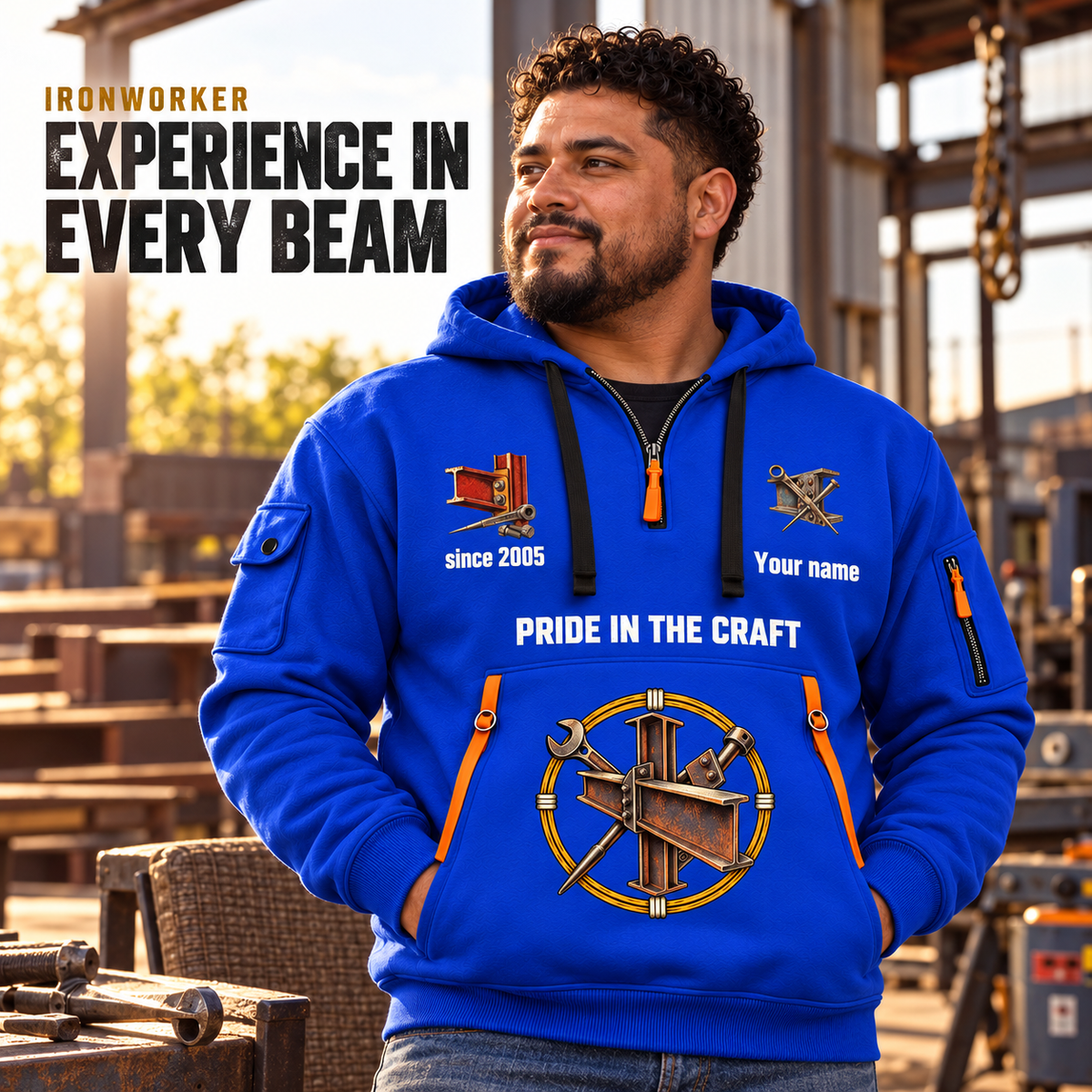 Ironworker Hands That Power Quarter-Zip Hoodie in Blue, worn by an adult male model, preserving the current niche artwork, sample name and year, and hooded quarter-zip garment details.