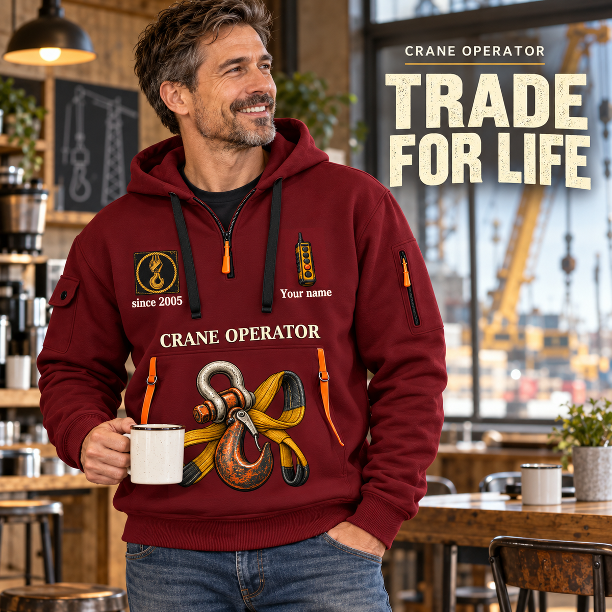 Crane Operator Trade For Life Quarter-Zip Hoodie in Wine Red, worn by an adult male model, preserving the current niche artwork, sample name and year, and hooded quarter-zip garment details.