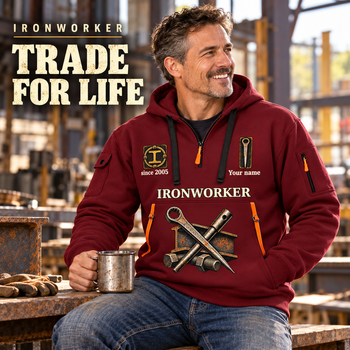 Ironworker Trade For Life Quarter-Zip Hoodie in Wine Red, worn by an adult male model, preserving the current niche artwork, sample name and year, and hooded quarter-zip garment details.