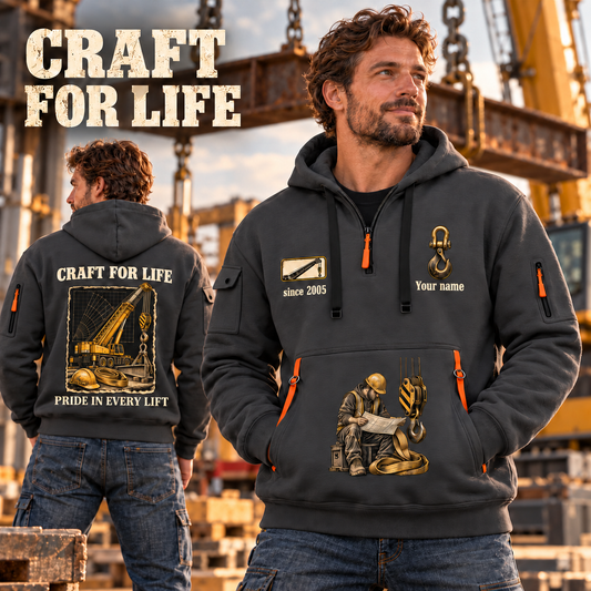 Crane Operator Craft For Life Quarter-Zip Hoodie in Gray, worn by an adult male model, preserving the current niche artwork, sample name and year, and hooded quarter-zip garment details.