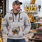 Crane Operator Every Lift Counts Quarter-Zip Hoodie in Light Grey, worn by an adult male model, preserving the current niche artwork, sample name and year, and hooded quarter-zip garment details.