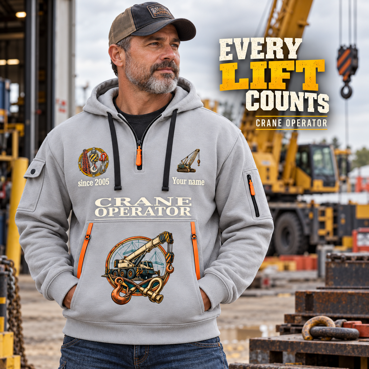 Crane Operator Every Lift Counts Quarter-Zip Hoodie in Light Grey, worn by an adult male model, preserving the current niche artwork, sample name and year, and hooded quarter-zip garment details.