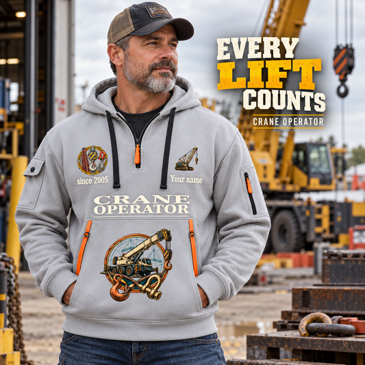 Crane Operator Every Lift Counts Quarter-Zip Hoodie in Light Grey, worn by an adult male model, preserving the current niche artwork, sample name and year, and hooded quarter-zip garment details.