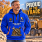 Dump Truck Driver Proud of the Trade Quarter-Zip Hoodie in Blue, worn by an adult male model, preserving the current niche artwork, sample name and year, and hooded quarter-zip garment details.