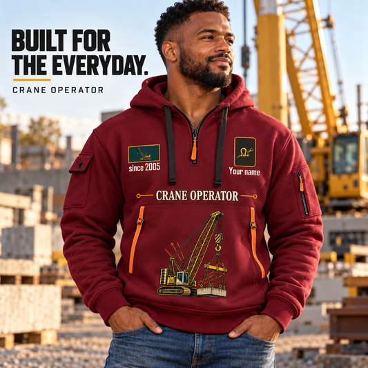 Crane Operator Built For The Everyday Quarter-Zip Hoodie in Wine Red, worn by an adult male model, preserving the current niche artwork, sample name and year, and hooded quarter-zip garment details.