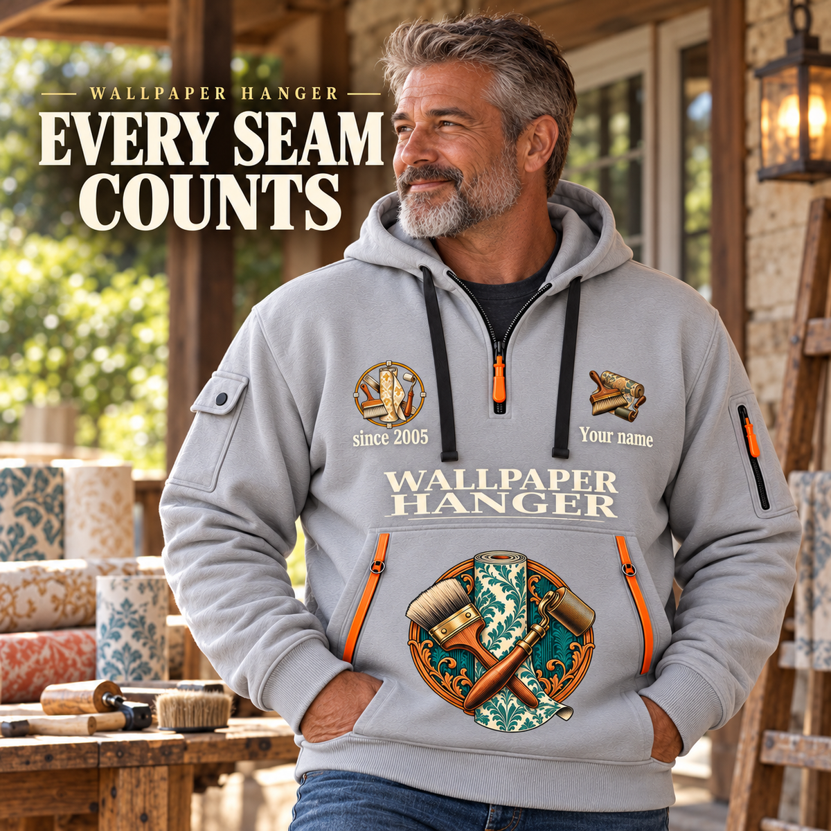 Wallpaper Hanger Every Seam Counts Quarter-Zip Hoodie in Light Grey, worn by an adult male model, preserving the current niche artwork, sample name and year, and hooded quarter-zip garment details.
