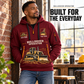Bulldozer Operator Built for the Everyday Quarter-Zip Hoodie in Wine Red, worn by an adult male model, preserving the current niche artwork, sample name and year, and hooded quarter-zip garment details.