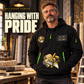 Wallpaper Hanger Hanging With Pride Quarter-Zip Hoodie in Black, worn by an adult male model, preserving the current niche artwork, sample name and year, and hooded quarter-zip garment details.