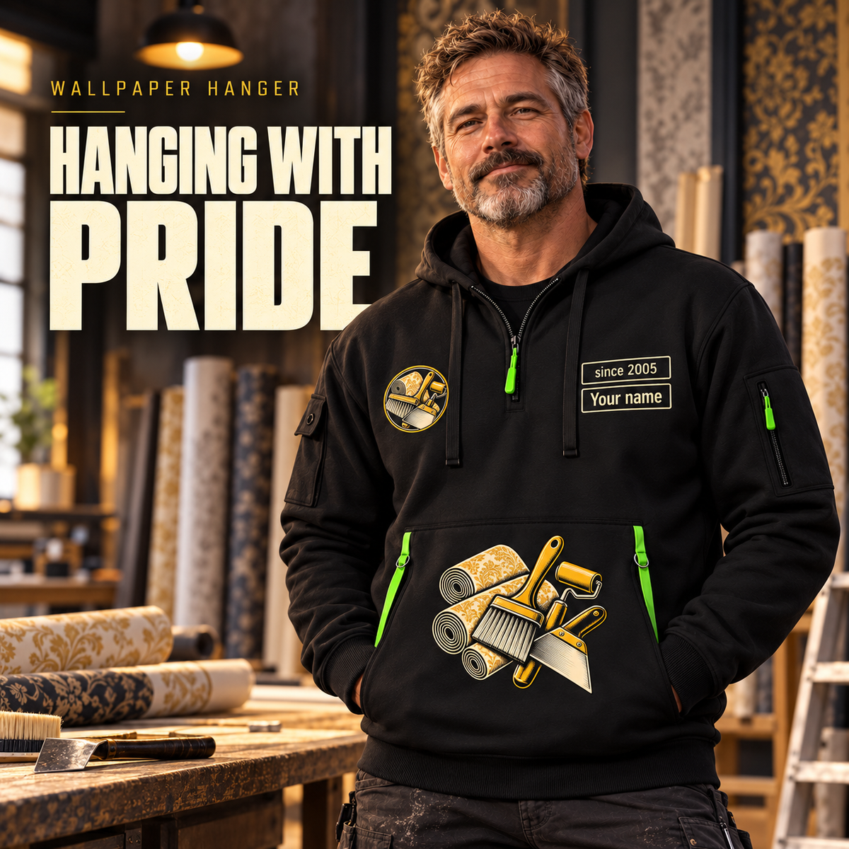Wallpaper Hanger Hanging With Pride Quarter-Zip Hoodie in Black, worn by an adult male model, preserving the current niche artwork, sample name and year, and hooded quarter-zip garment details.