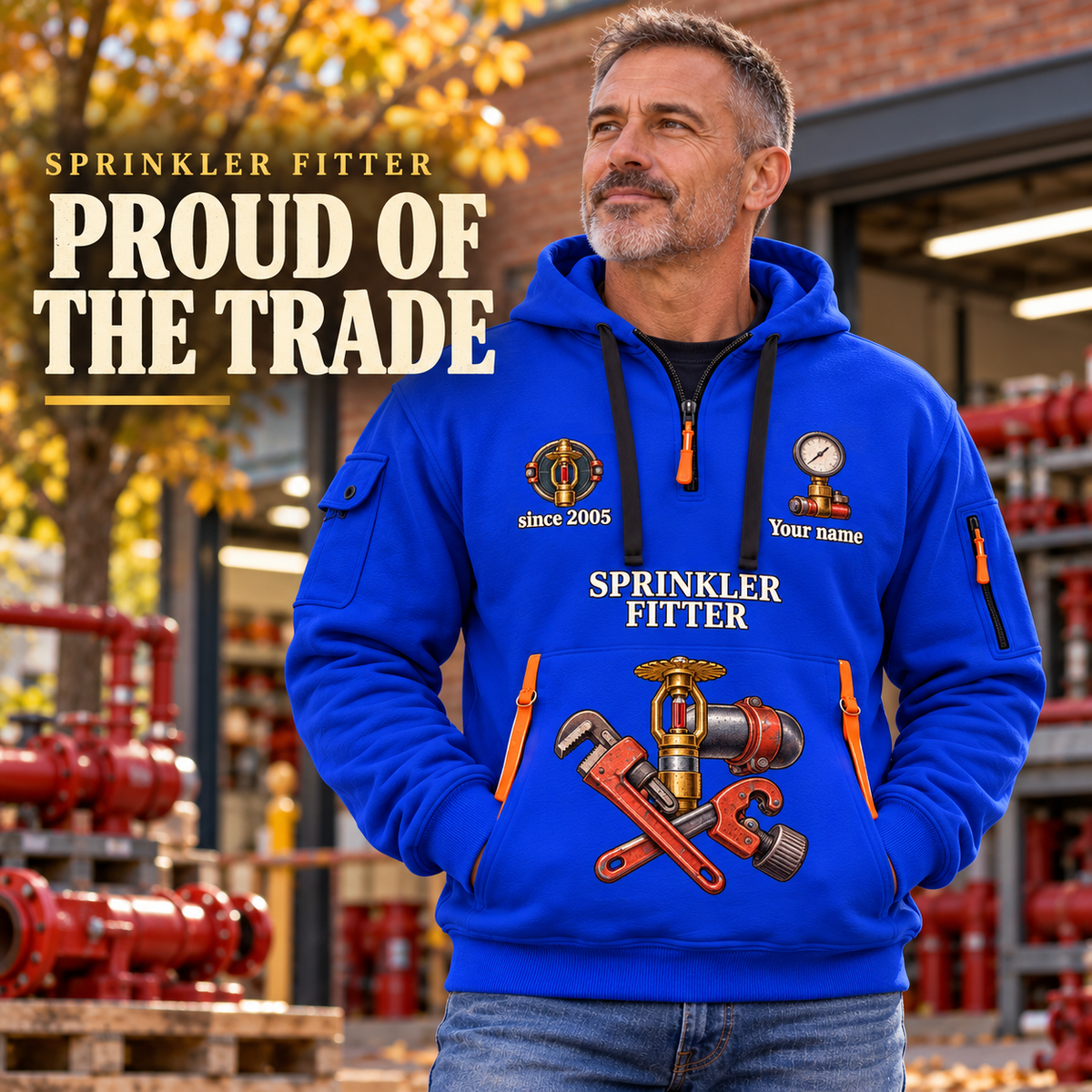 Sprinkler Fitter Proud of the Trade Quarter-Zip Hoodie in Blue, worn by an adult male model, preserving the current niche artwork, sample name and year, and hooded quarter-zip garment details.