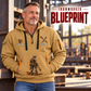 Ironworker Blueprint Quarter-Zip Hoodie in Khaki, worn by an adult male model, preserving the current niche artwork, sample name and year, and hooded quarter-zip garment details.