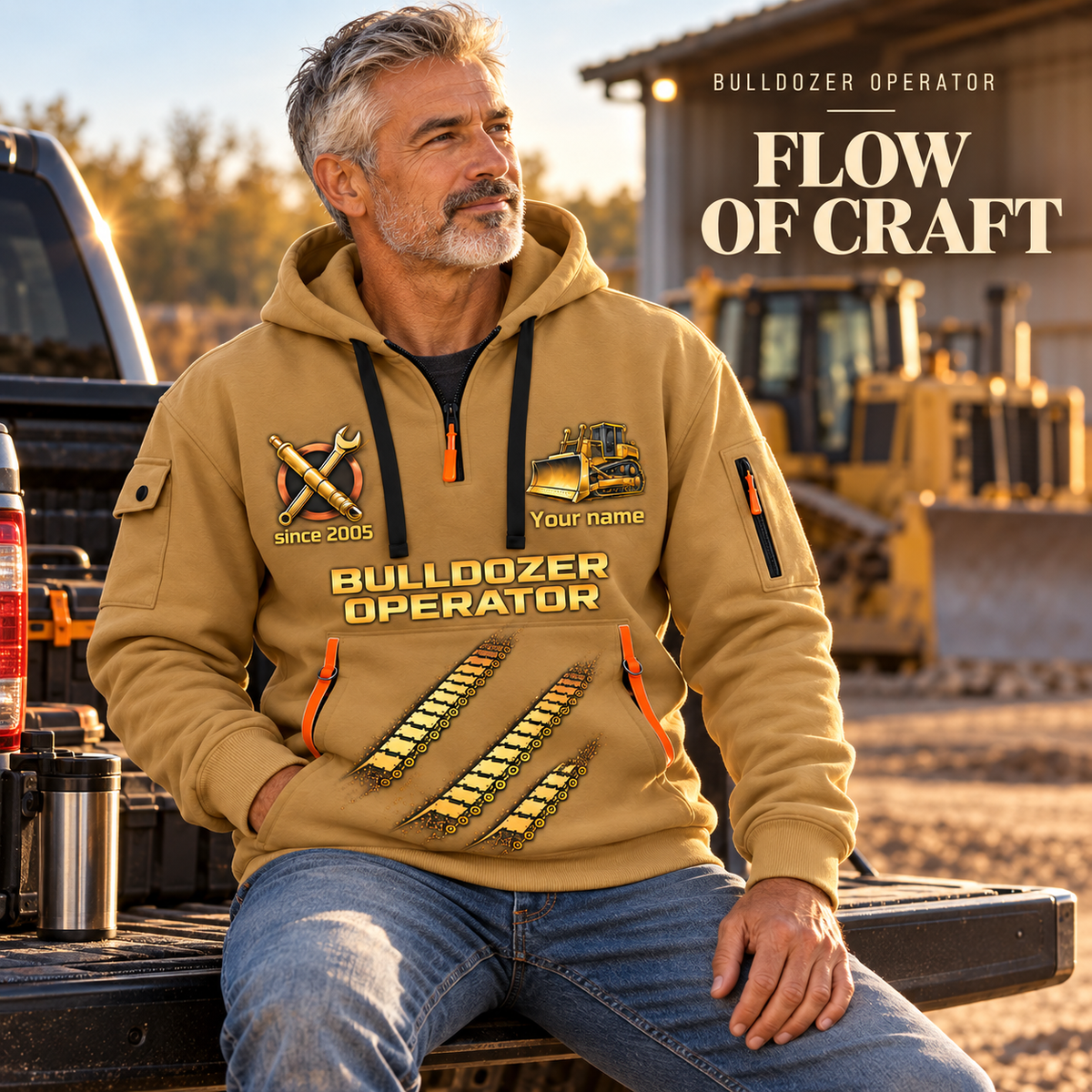 Bulldozer Operator Flow of Craft Quarter-Zip Hoodie in Khaki, worn by an adult male model, preserving the current niche artwork, sample name and year, and hooded quarter-zip garment details.