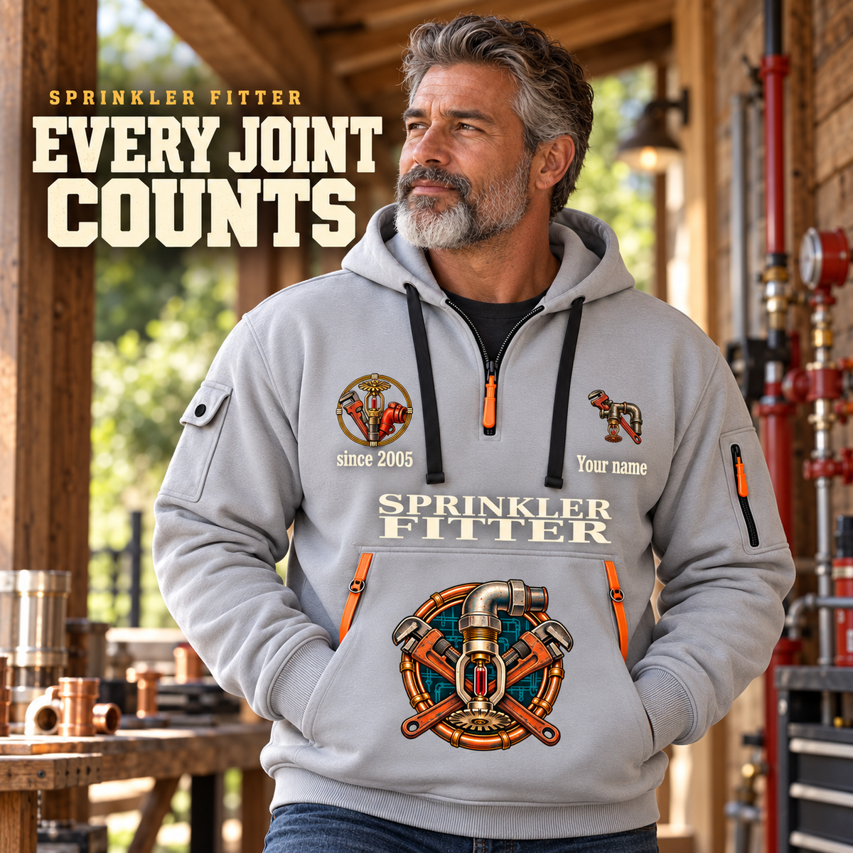 Sprinkler Fitter Every Joint Counts Quarter-Zip Hoodie in Light Grey, worn by an adult male model, preserving the current niche artwork, sample name and year, and hooded quarter-zip garment details.