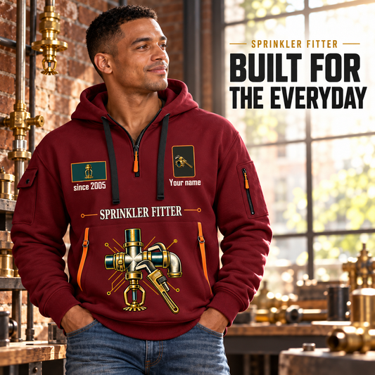 Sprinkler Fitter Built For The Everyday Quarter-Zip Hoodie in Wine Red, worn by an adult male model, preserving the current niche artwork, sample name and year, and hooded quarter-zip garment details.