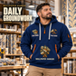 Wallpaper Hanger Daily Groundwork Quarter-Zip Hoodie in Navy, worn by an adult male model, preserving the current niche artwork, sample name and year, and hooded quarter-zip garment details.