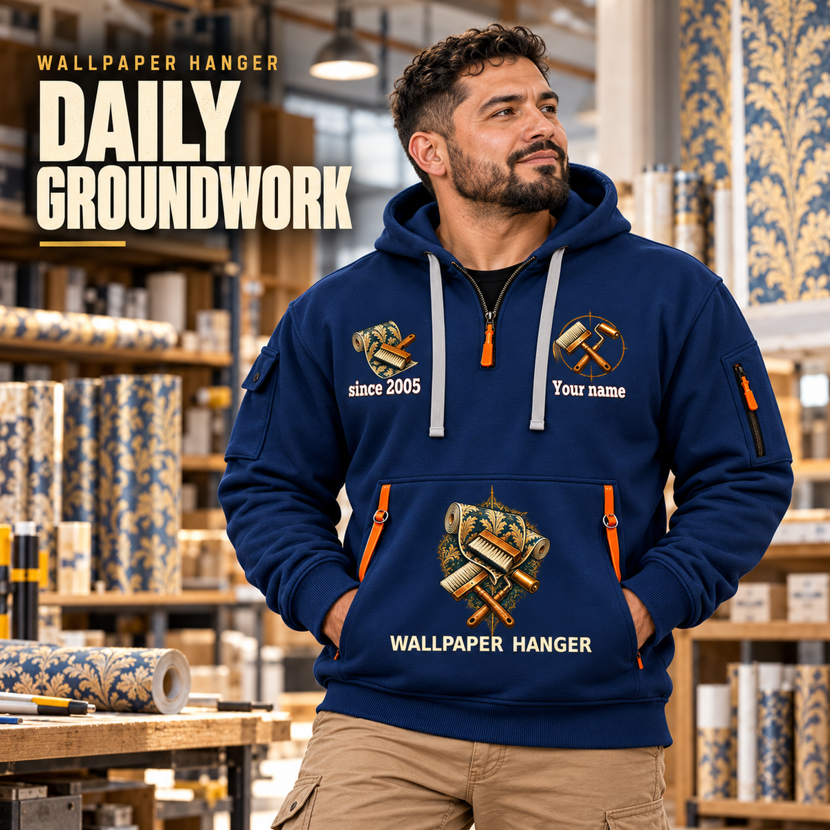 Wallpaper Hanger Daily Groundwork Quarter-Zip Hoodie in Navy, worn by an adult male model, preserving the current niche artwork, sample name and year, and hooded quarter-zip garment details.