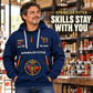 Sprinkler Fitter Skills Stay With You Quarter-Zip Hoodie in Navy, worn by an adult male model, preserving the current niche artwork, sample name and year, and hooded quarter-zip garment details.