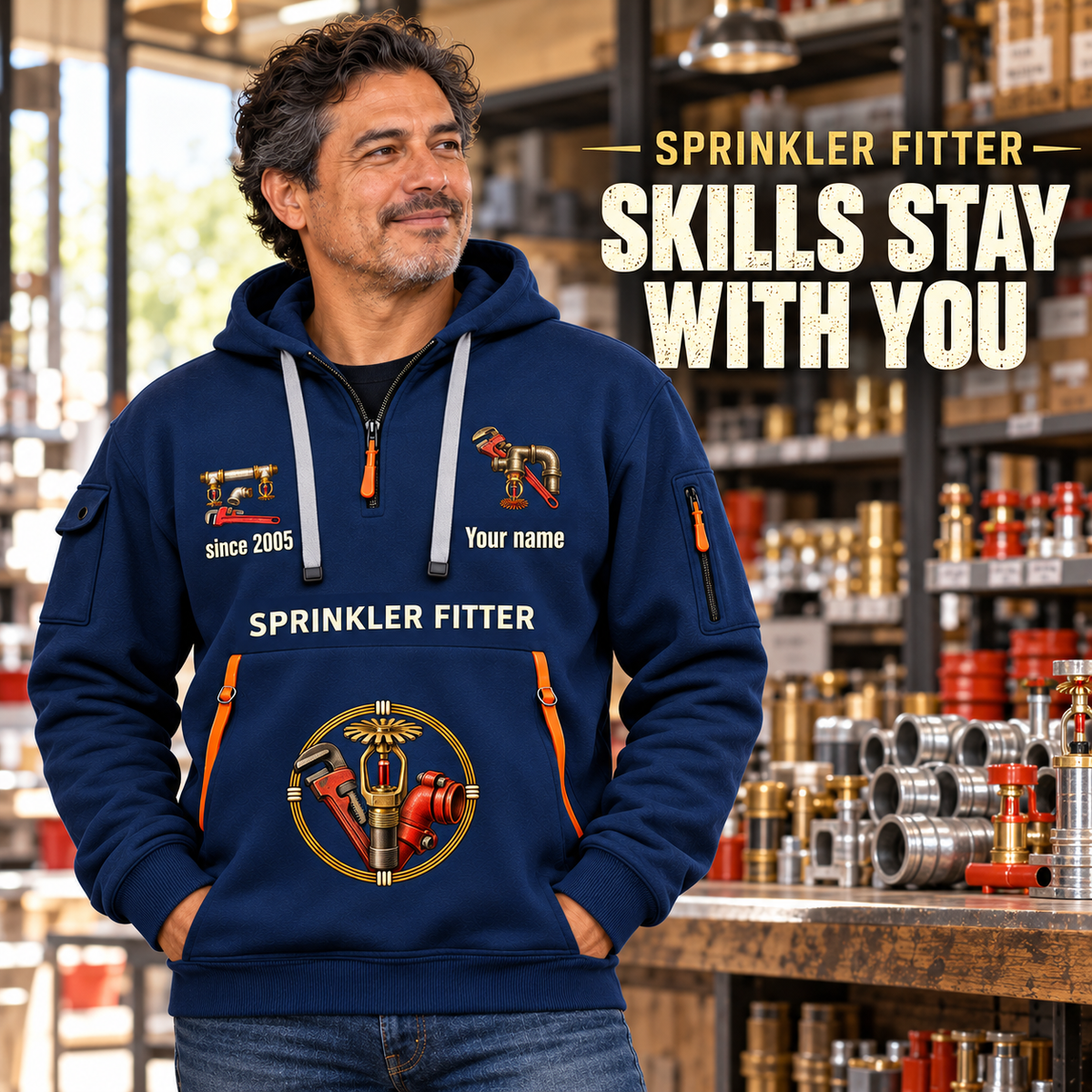 Sprinkler Fitter Skills Stay With You Quarter-Zip Hoodie in Navy, worn by an adult male model, preserving the current niche artwork, sample name and year, and hooded quarter-zip garment details.